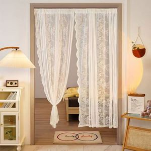 Cortina de Voile de Encaje Blanco y Amarillo con Anillas, Cortinas Transparentes para Ventana de Sala de Estar - Product Image 1