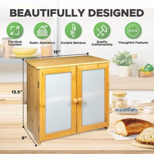 Boîte à pain en bambou Feng Le à double couche, armoire de rangement d'angle de cuisine avec portes en verre dépoli pour utilisation sur comptoir - Product Image 5