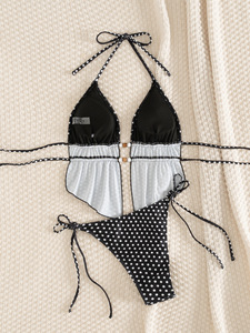 Traje de Baño Bikini de Alta Calidad con Estampado de Tablero de Ajedrez Personalizado para Mujer, Conjunto Sexy de Dos Piezas con Escote Halter y Logotipo Frontal, Ecológico - Product Image 3