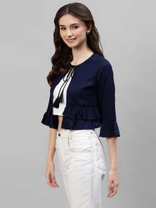Veste-robe en rayonne unie pour femme avec shrug à volants Dori et manches 3/4, col rond, pour tenue de soirée et décontractée - Product Image 4