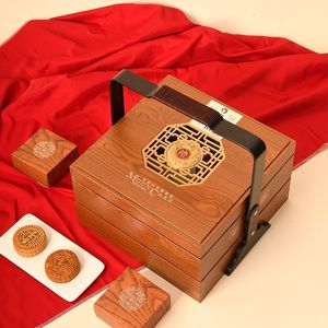 Caja de Madera Retro para Pastel Lunar, Cuadrada, de Cuatro Piezas, con Tapa, Hecha a Mano, para Regalo, Embalaje Artesanal - Product Image 3