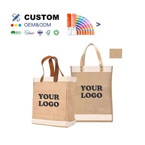 Custom Printed Logo Recyclable Beach Shopping Burlap Tote Bag Small Original Jute Wine Gift Bag with Leather Handles