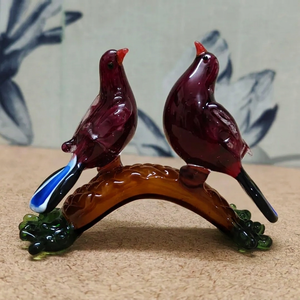 Figurines d'oiseaux jaunes en verre soufflé à la main, paire sur branche, décoration artistique, sculpture animale de collection, faite à la main - Product Image 3