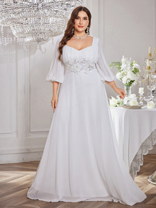 Đèn lồng tay áo sequin thêu trang trí Xếp Li Voan Váy cưới đầy đủ tay áo người yêu đường viền cổ áo thanh lịch Cô Dâu Váy - Product Image 3