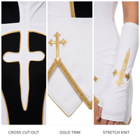 Costume de cosplay de nonne sexy pour femmes, ensemble de robe moulante à découpes croisées en 4 pièces avec bordure dorée pour fête d'Halloween et jeu de rôle