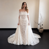 Robe de mariée en dentelle ivoire, épaules dénudées, manches longues Bardot, corset, traîne sirène, bordure festonnée, sur mesure, vente en gros
