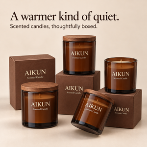 Bougie parfumée Aikun en verre ambré avec couvercle en bois, à une seule mèche, en boîte, pour la maison, avec emballage cadeau imprimé pour les magasins de détail - Product Image 1
