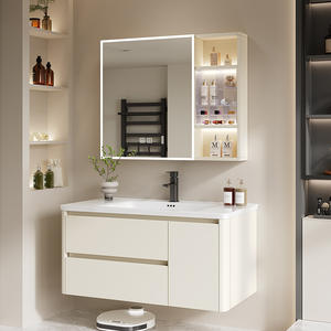 Meuble de salle de bain moderne en bois massif de style crème français avec double tiroir et vasque intégrée en céramique - Product Image 5