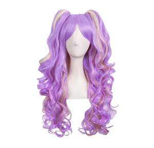 Peluca de Cosplay larga rizada de <span class=keywords><strong>Anime</strong></span> Lolita, Color arcoíris, Negro, Rosa, azul y Rubio, 2 coletas para fiesta diaria, venta al por mayor - Product Image 2