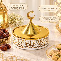 Plat à bonbons Ramadan, Décoration de table islamique pour l'Aïd, Contenant à friandises, Bol couvert avec couvercle en forme de dôme croissant de lune et étoile, Ornement doré