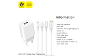 Kit de charge rapide haute performance SASATHREE SC01, câble de données USB3.0 de 1 m et tête de chargeur, prise en charge OEM de type C