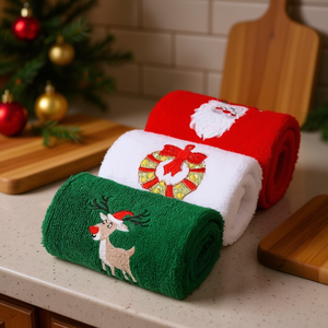 Ensemble de serviettes de cuisine en coton brodé de Noël, design décoratif de fêtes pour salle de bain et séchage de la vaisselle, forme rectangulaire - Product Image 2