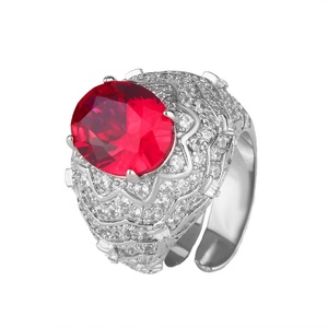 Dainty Jewelry Eco-friendly Copper Oval Cut 10*12MM Red Cubic Zirconia Dainty Open <b>Adjustable</b> Band <b>Rings</b> for Subtle Feminine - Product Image 1