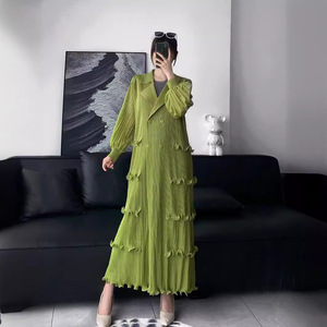 Robe plissée de style <span class=keywords><strong>japonais</strong></span> et coréen pour seniors costume décontracté grande taille avec col de couleur contrastée accessoire à la mode - Product Image 2