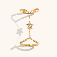 18K Vergoldeter Edelstahl Doppel-Fingerring CZ Strass Kette Statement-Ring für Damen Modeschmuck Großhandel