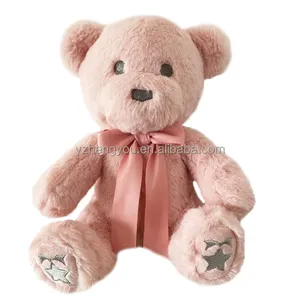 Custom Teddybeer Pluche Speelgoed Roze Grijs Paars Pluche Beer Met Aangepaste Logo Op De Voet