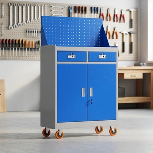 Armadio Mobile Resistente con Pannello Forato, 2 Cassetti, Doppia Porta con Serratura, Cassettiera su Ruote per Garage e Officina, in Acciaio Blu - Product Image 2