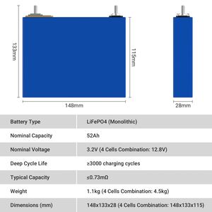 แบตเตอรี่ลิเธียมแบบแท่งปริซึม Lifepo4 3.2V 52Ah 50Ah สำหรับชุดเก็บพลังงาน 12V 24V 48V - Product Image 3