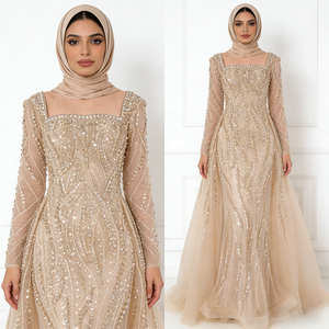 Robes musulmanes élégantes pour femmes, tendance, beige doré, ornées de paillettes, tulle, col carré, manches longues, traîne sirène, longueur au sol - Product Image 1