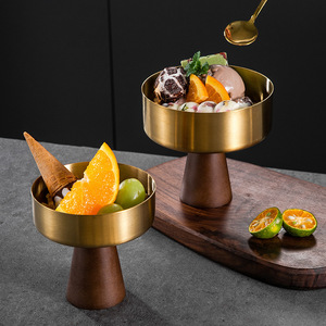 Stainless Steel Ice Cream Cup With Wooden Base Round Fruit <b>Dessert</b> Bowl For Party Snack Serving - Product Image 1