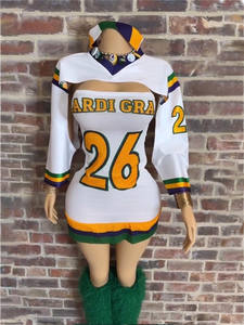 Set 2 Potong Pakaian Wanita Musim Semi Musim Panas Baru Mardi Gras, Atasan Crop Top V-Neck Lengan Panjang Tanpa Tali, Gaun Sporty Modis - Product Image 4