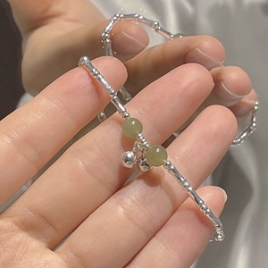 S925 Sterling Silver Bamboo Bell <b>Bracelet</b> With Jade <b>Beads</b> Unisex Gift Jewelry - Product Image 4