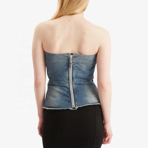 <span class=keywords><strong>Corset</strong></span> <span class=keywords><strong>bustier</strong></span> en jean sans bretelles, coupe évasée, délavage clair, bords effilochés, style vintage streetwear - Product Image 4