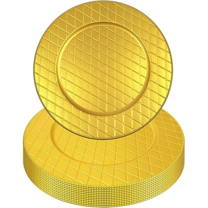 <span class=keywords><strong>Assiettes</strong></span> de présentation dorées en plastique jetables de 13 pouces, gaufrées, pour la décoration de table, en gros, pour mariages et événements - Product Image 1