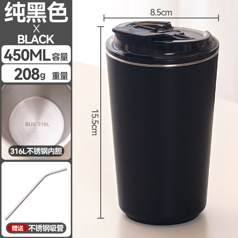 Tasse à café portable 316l-noire-inclut une paille