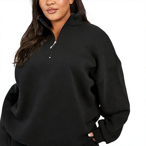 <b>Women</b> Plus Size <b>Black</b> Quarter-Zip <b>Sweatshirt</b> Full Sleeve Loose Fit Solid Color Casual Autumn Wear With Side Pockets - Product Image 1