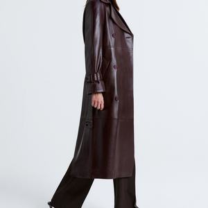 Manteau long en cuir pour l'automne, style trench, avec ceinture, grandes poches, taille ajustable, double boutonnage, coupe-vent, tendance - Product Image 3