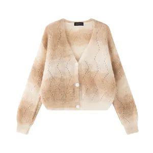 Spring 2024 new arrivals knitwear collection ivory camel two tones pearl embellished cropped ribbed knit cardigan