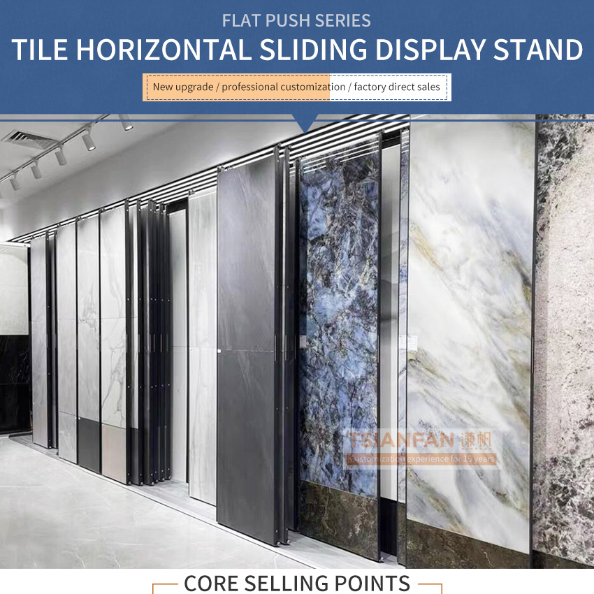 New design large metal horizontal push-pull fram showroom slate granite quartz sample artificial stone display rack