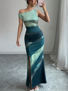 Vestido de Verano 2026 para Mujer, Estilo Europeo y Americano, Corte Entallado, Color en Contraste, Hombro Inclinado - Product Image 3