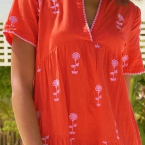 Vestido de Lino y Algodón Bordado Personalizado, Elegante, Cuello en V, Casual, Corte en A, Mangas Cortas, con Volantes, Midi, de Verano, para Mujer - Product Image 2