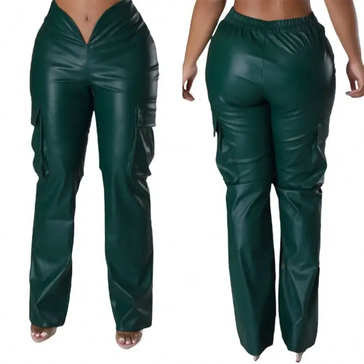 New Fashion PU Leather Straight Pants & Trousers Casual Low Waist Pant For Women Trousers With Pockets