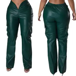 New Fashion PU Leather Straight Pants &amp; Trousers Casual Low Waist Pant For Women Trousers With Pockets