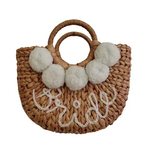 Ny feminino bolsa de viagem para praia, sacola de praia feita à mão com pompom