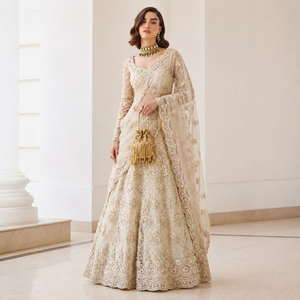 Vêtements ethniques pour femmes, tenue de soirée, lehenga, broderie papillon en filet, filet intérieur en soie Banjori, bordure en dentelle, lourdement orné. - Product Image 1