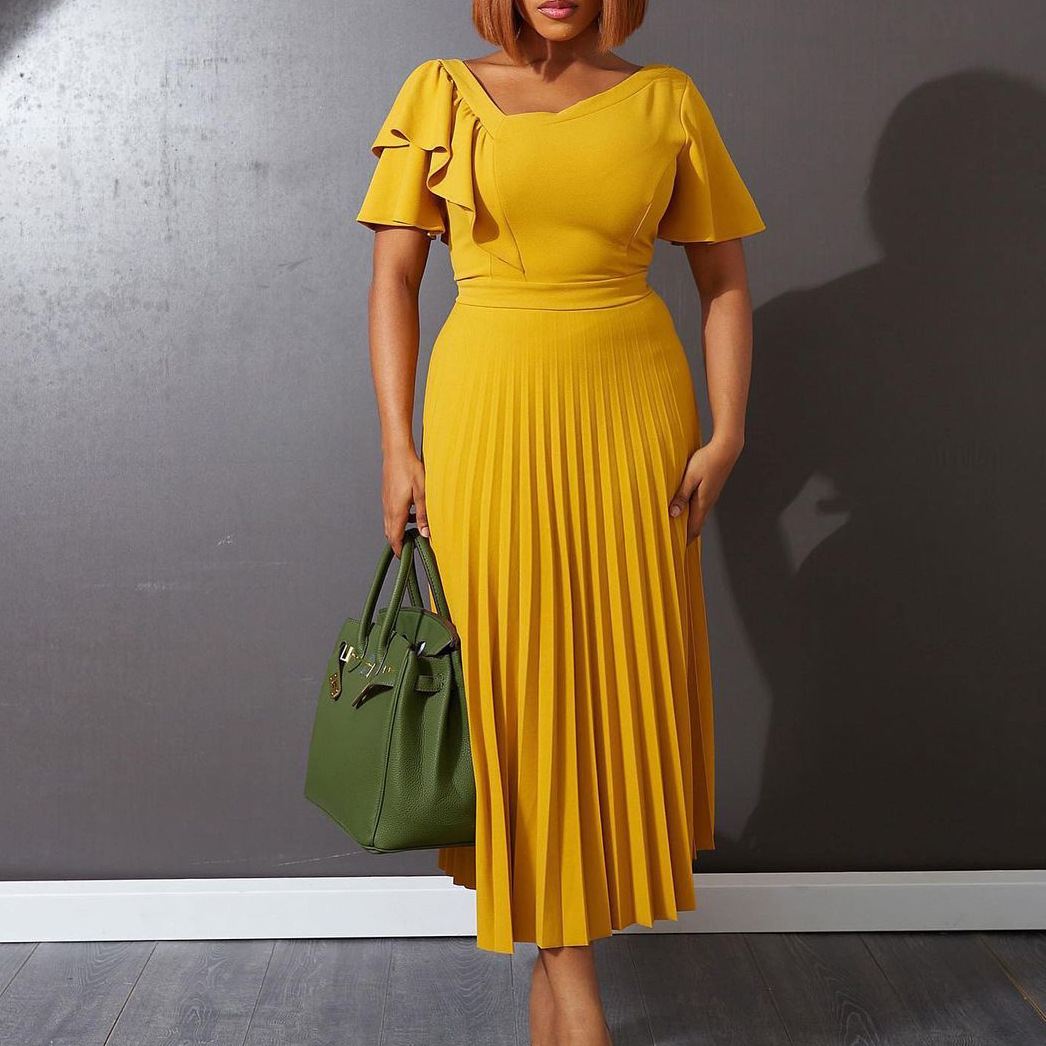 Asymmetrical Neck Short Ruffle Pleated Formal Dress Career Office Lady  Dresses Women| Alibaba.com