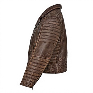 Veste en cuir véritable marron pour homme, coupe ajustée, col rabattu, fermeture éclair, doublure satinée, style hiver, respirante à l'avant - Product Image 2