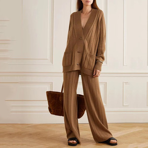 Conjunto de Invierno Elegante de Dos Piezas, Top y Pantalones, Suéter de Lana y Cachemira de Lujo para Mujer, Pantalones Holgados, Chaqueta de Punto Acanalado, Talla Grande - Product Image 1