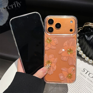 Funda para iPhone 17 16 15 14 13 Pro Max con diseño de flor de lámina dorada, resina brillante, degradado transparente y cubierta trasera de PC IMD con efecto bling - Product Image 2