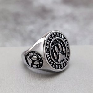 แหวนผู้ชายสไตล์นอร์ดิกเรโทรสแตนเลสสตีล พร้อมลายรูนไวกิ้งและลายอุ้งเท้าสัตว์ สไตล์ฮิปฮอป ของขวัญเครื่องประดับ - Product Image 3