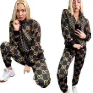 New arrival Women's fashion trend slim temperament printing full sleeve zipper two-piece suit with high quality