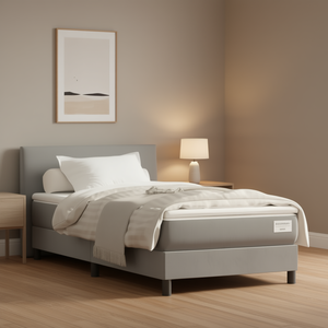 โครงเตียงหุ้มผ้าสีเทาอ่อน ดีไซน์มินิมอล เฟอร์นิเจอร์ห้องนอนขนาดเต็ม - Product Image 2