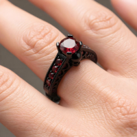 Personality Punk Skull Ring Garnet Vintage Red Cubic Zircon Gothic Skeletons Ring for Women Halloween Party Black Ring Jewelry