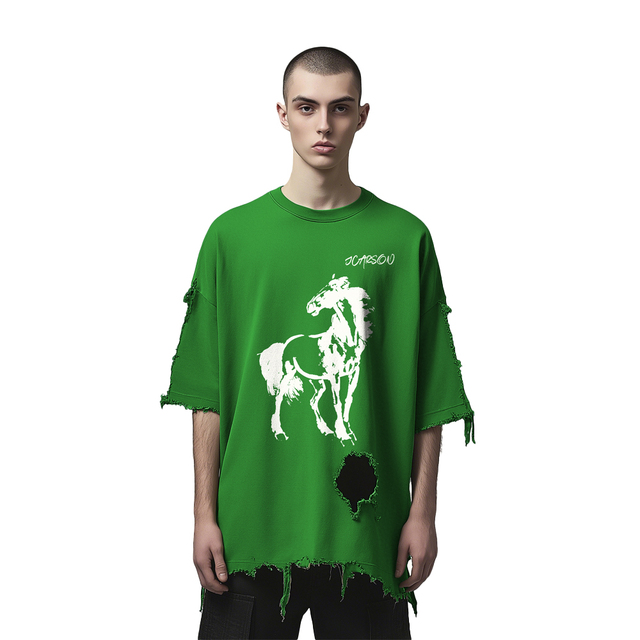 Customized 100% Cotton Men's Summer Hip Hop Oversized T-Shirt 220 Grams Vintage Wash Pattern Silk Screen Printed Animal Pattern