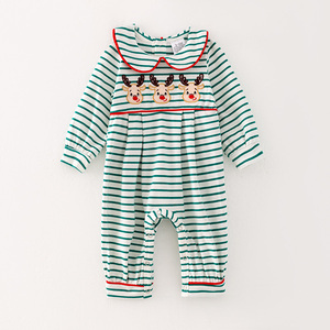 Disponible en Stock, Envío Inmediato, Camisa de Manga Larga para Bebé Niño, Diseño Navideño con Bordado de Reno, Rayas, Cierre de Botones, Cuello Peter Pan - Product Image 1