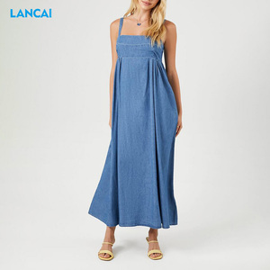 Nouveau Design Maxi Femmes Robe Denim D'été Longue Robe Lâche A-ligne Lin Vintage Casual Vacances Spaghetti Strap Robes - Product Image 1